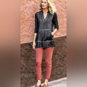 Soft Surroundings Gray Patchwork Tunic M Lagenlook Cotton Cupro Kangaroo Pockets